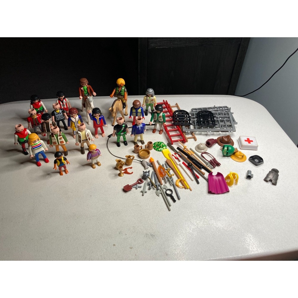 Vintage 90s Playmobil Figure Lot Of 20 People 2 Horses and Accessories Geobra